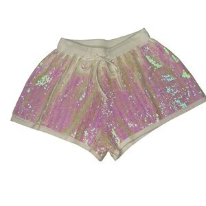 Queen of Sparkles Sequin Shorts Pink Gold Iridescent Drawstring Small